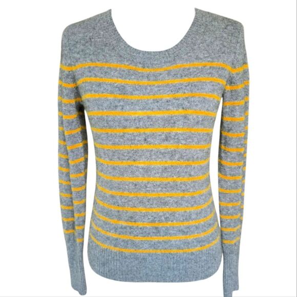 Fenn Wright Mason 2 Ply Cashmere Sweater Gray Yellow Stripe Crew Neck Medium‎ - Picture 1 of 7